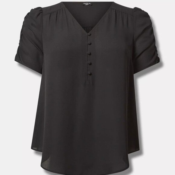 Torrid Harper Georgette V-Neck Ruched Sleeve Blouse Deep Black - Picture 1 of 5